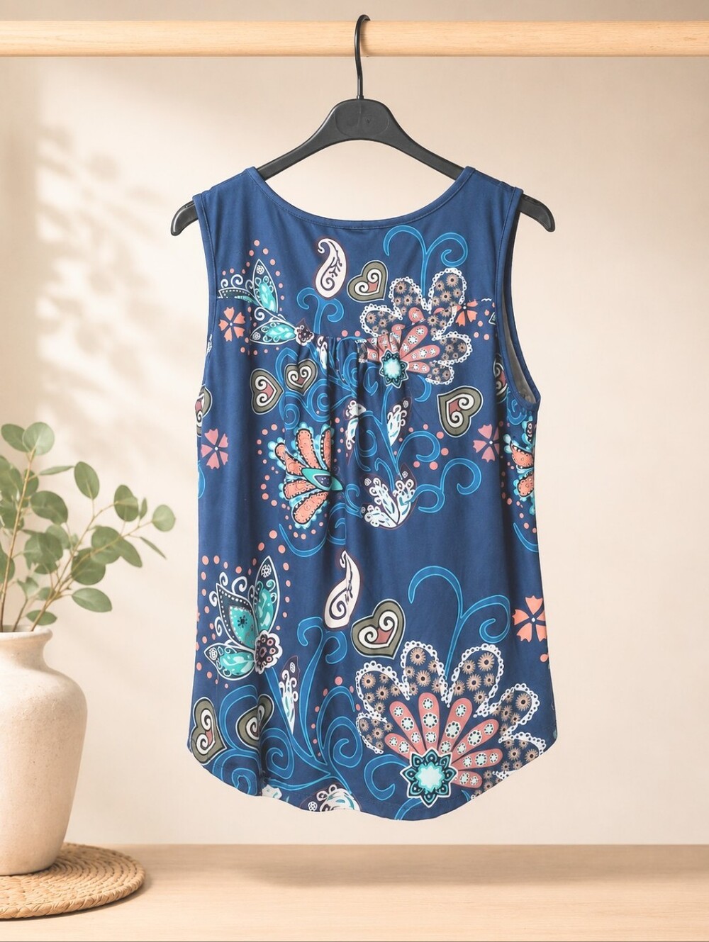 Women's Floral Paisley Sleeveless Tank Top Medium Blue Stretch Tunic Blouse - Picture 3 of 6